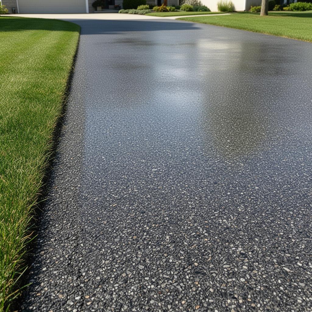 Asphalt driveway with a clear protective sealcoat showing natural stone texture