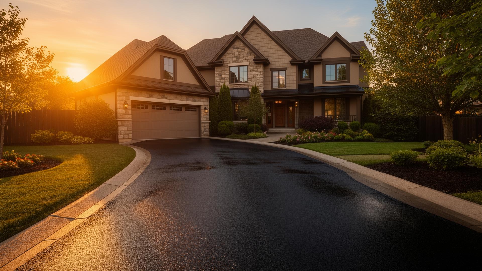 Freshly sealed asphalt driveway at sunset